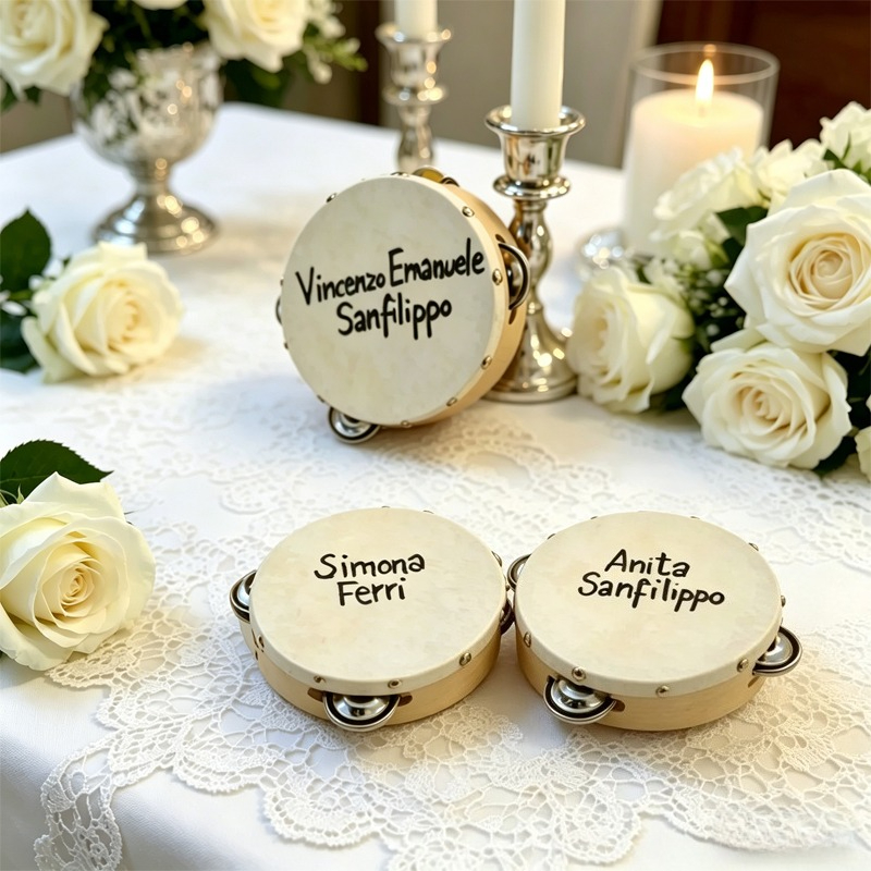 Musical Instrument With Names - 3/5 ชิ้น ﻿ กลองแทมบูรีนงานแต่งงาน กลองหนังแกะสลักชื่อได้ ของชำร่วยงานแต่งงาน
