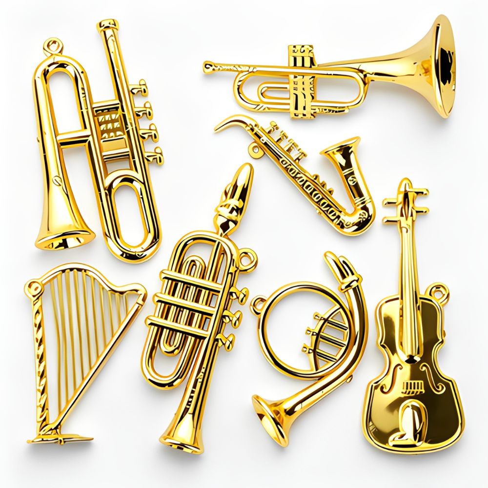 Musical Instrument Xmas Ornaments - 6/10 ชิ้น สไตล์สุ่ม จี้โลหะสีทองรูปเครื่องดนตรีขนาดเล็ก ของตกแต่งต้นคริสต์มาสสำหรับงานปาร์ตี้วันหยุด YMY
