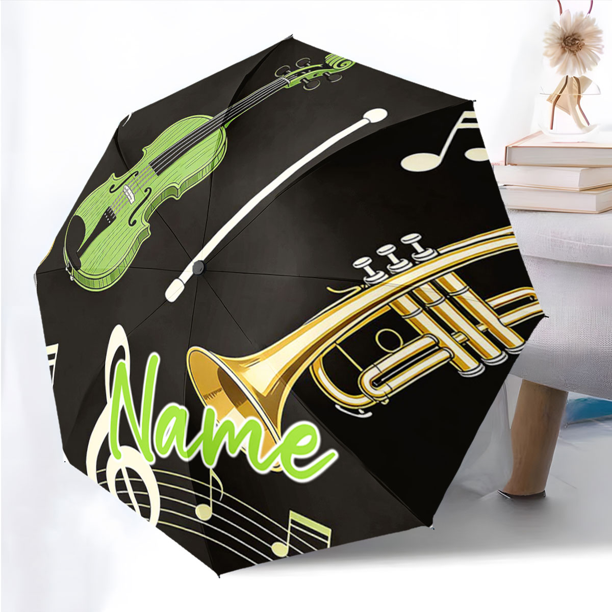 Musical Instrument With Names - ร่มพับลายเครื่องดนตรีพร้อมชื่อที่กำหนดเอง พิมพ์ลายเฉพาะตัว โครงเหล็ก 8 ซี่ เปิดอัตโนมัติ