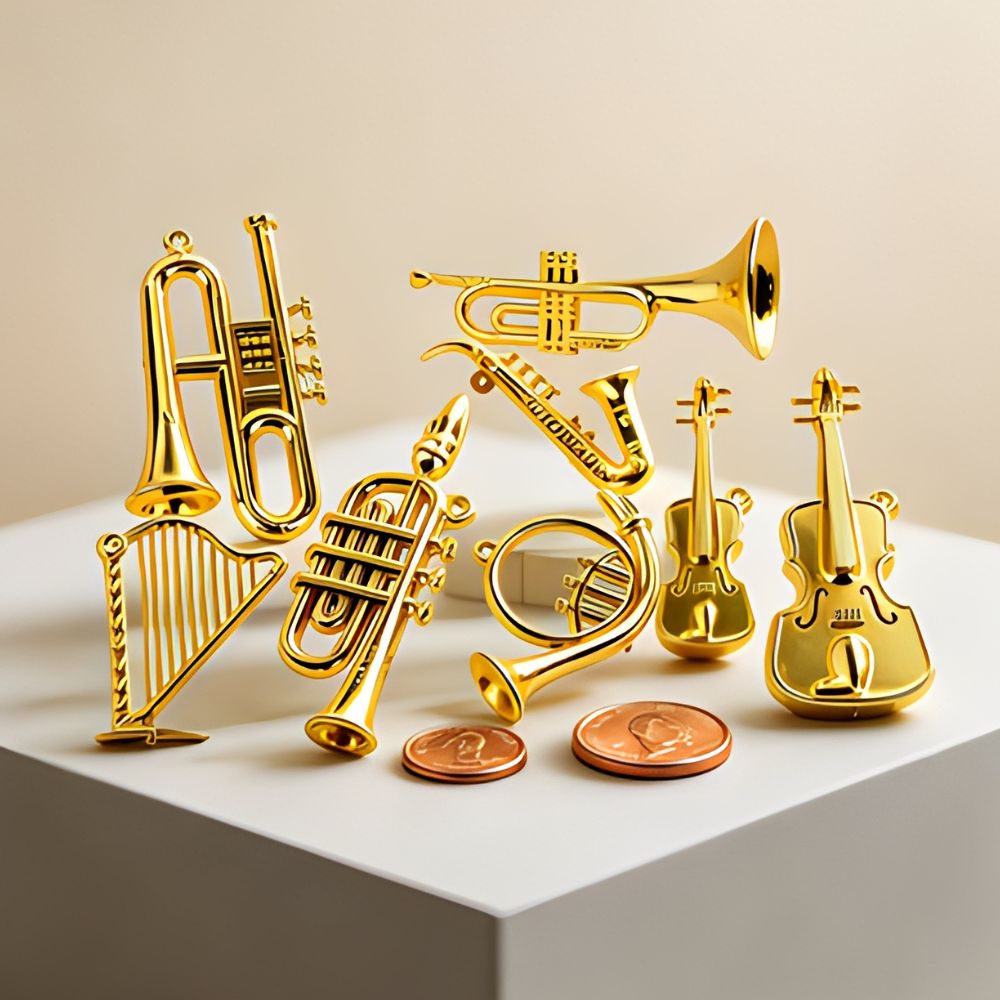 Musical Instrument Xmas Ornaments - เครื่องประดับดนตรีขนาดเล็กสีทองแบบสุ่ม 5/18 ชิ้น สำหรับตกแต่งต้นคริสต์มาส ของตกแต่งดนตรี YMY